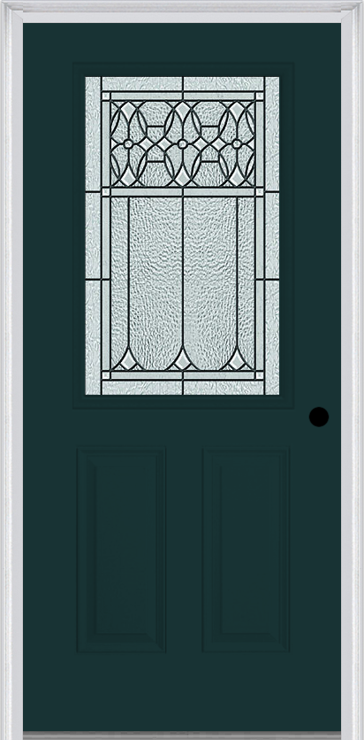 MMI 1/2 LITE 2 PANEL 6'8" FIBERGLASS SMOOTH SELWYN PATINA DECORATIVE GLASS EXTERIOR PREHUNG DOOR 684