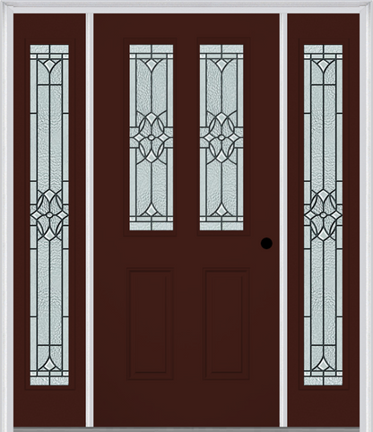 MMI 2-1/2 LITE 2 PANEL 6'8" FIBERGLASS SMOOTH SELWYN PATINA EXTERIOR PREHUNG DOOR WITH 2 FULL LITE SELWYN PATINA DECORATIVE GLASS SIDELIGHTS 692