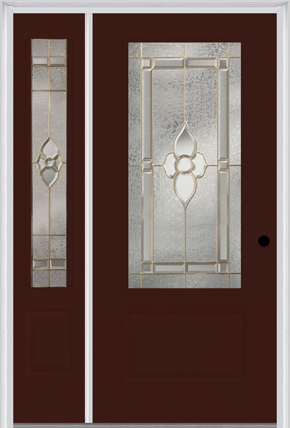 MMI 3/4 LITE 1 PANEL 3'0" X 6'8" FIBERGLASS SMOOTH NOUVEAU BRASS, NOUVEAU NICKEL, OR NOUVEAU PATINA EXTERIOR PREHUNG DOOR WITH 1 NOUVEAU BRASS/NICKEL/PATINA 3/4 LITE DECORATIVE GLASS SIDELIGHT 608