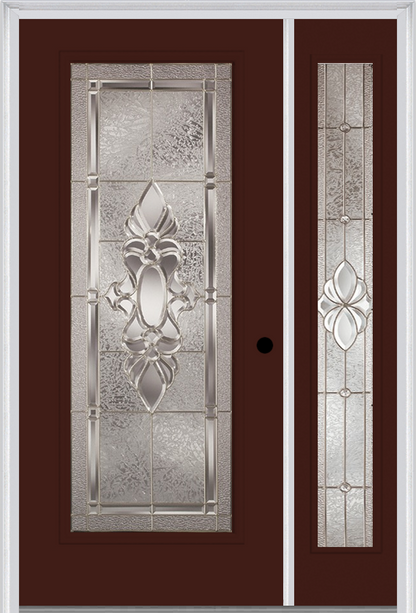 MMI FULL LITE 3'0" X 6'8" FIBERGLASS SMOOTH HEIRLOOMS BRASS OR HEIRLOOMS SATIN NICKEL EXTERIOR PREHUNG DOOR WITH 1 FULL LITE HEIRLOOMS BRASS/SATIN NICKEL DECORATIVE GLASS SIDELIGHT 686