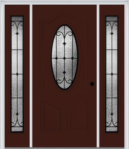 MMI SMALL OVAL 2 PANEL DELUXE 6'8" FIBERGLASS SMOOTH CHATEAU WROUGHT IRON EXTERIOR PREHUNG DOOR WITH 2 FULL LITE CHATEAU WROUGHT IRON DECORATIVE GLASS SIDELIGHTS 749