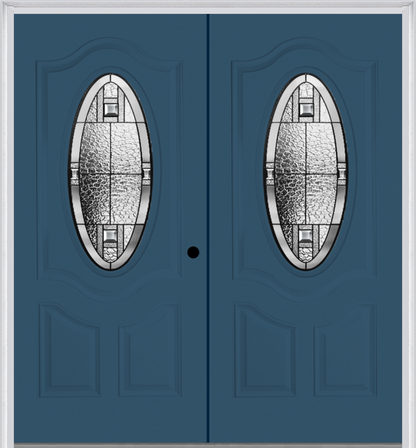 MMI TWIN/DOUBLE SMALL OVAL 2 PANEL DELUXE 6'8" FIBERGLASS SMOOTH NOBLE PATINA DECORATIVE GLASS EXTERIOR PREHUNG DOOR 749