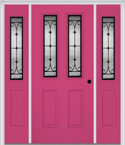 MMI 2-1/2 LITE 2 PANEL 6'8" FIBERGLASS SMOOTH CHATEAU WROUGHT IRON EXTERIOR PREHUNG DOOR WITH 2 HALF LITE CHATEAU WROUGHT IRON DECORATIVE GLASS SIDELIGHTS 692