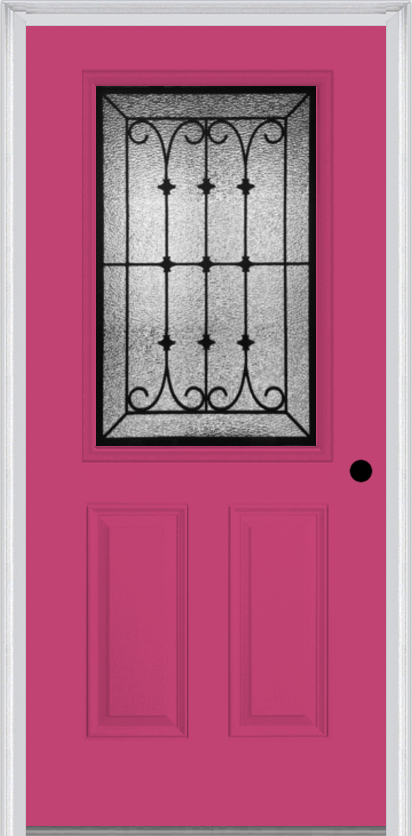 MMI 1/2 LITE 2 PANEL 6'8" FIBERGLASS SMOOTH CHATEAU WROUGHT IRON DECORATIVE GLASS EXTERIOR PREHUNG DOOR 684