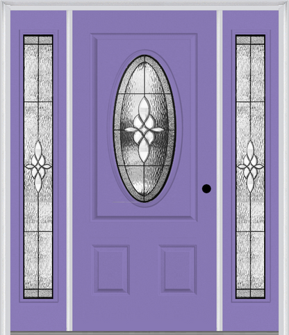 MMI SMALL OVAL 2 PANEL 6'8" FIBERGLASS SMOOTH LUMIERE PATINA EXTERIOR PREHUNG DOOR WITH 2 FULL LITE LUMIERE PATINA DECORATIVE GLASS SIDELIGHTS 949