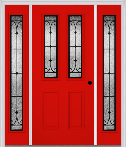 MMI 2-1/2 LITE 2 PANEL 6'8" FIBERGLASS SMOOTH CHATEAU WROUGHT IRON EXTERIOR PREHUNG DOOR WITH 2 FULL LITE CHATEAU WROUGHT IRON DECORATIVE GLASS SIDELIGHTS 692