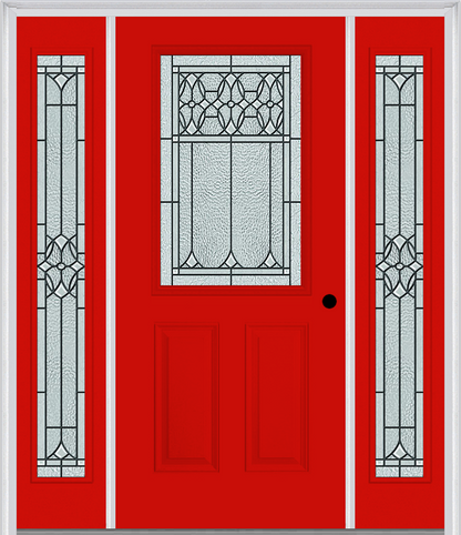 MMI 1/2 LITE 2 PANEL 6'8" FIBERGLASS SMOOTH SELWYN PATINA EXTERIOR PREHUNG DOOR WITH 2 FULL LITE SELWYN PATINA DECORATIVE GLASS SIDELIGHTS 684