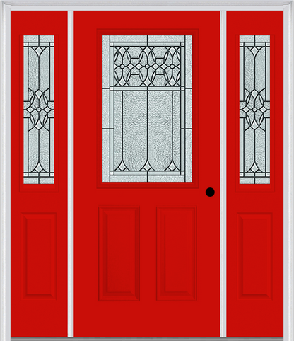 MMI 1/2 LITE 2 PANEL 6'8" FIBERGLASS SMOOTH SELWYN PATINA EXTERIOR PREHUNG DOOR WITH 2 HALF LITE SELWYN PATINA DECORATIVE GLASS SIDELIGHTS 684