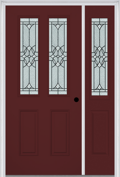 MMI 2-1/2 LITE 2 PANEL 6'8" FIBERGLASS SMOOTH SELWYN PATINA EXTERIOR PREHUNG DOOR WITH 1 HALF LITE SELWYN PATINA DECORATIVE GLASS SIDELIGHT 692