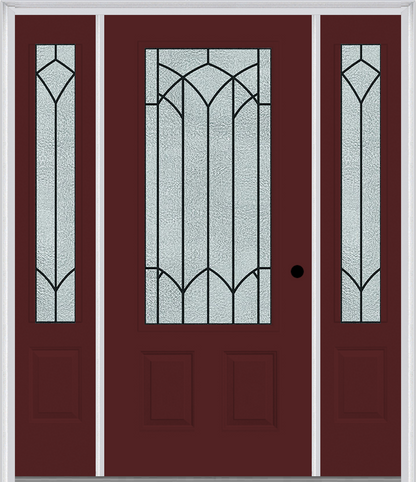 MMI 3/4 LITE 2 PANEL 6'8" FIBERGLASS SMOOTH MONTCLAIRE WROUGHT IRON EXTERIOR PREHUNG DOOR WITH 2 MONTCLAIRE WROUGHT IRON 3/4 LITE DECORATIVE GLASS SIDELIGHTS 607