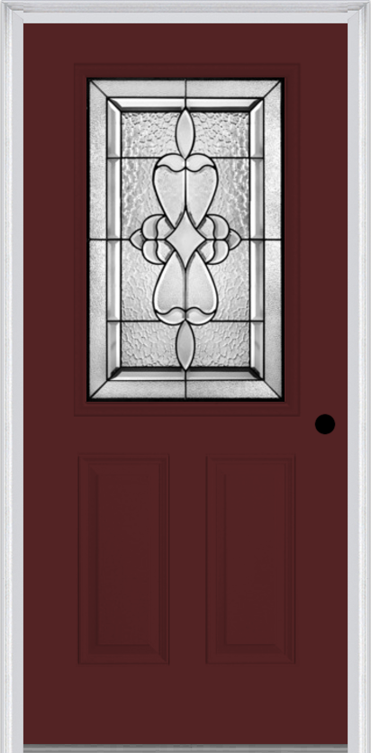 MMI 1/2 LITE 2 PANEL 6'8" FIBERGLASS SMOOTH JAMESTOWN PATINA DECORATIVE GLASS EXTERIOR PREHUNG DOOR 684