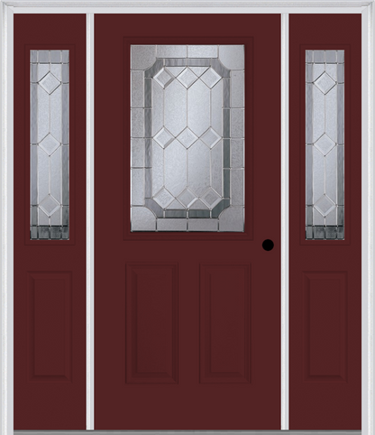 MMI 1/2 LITE 2 PANEL 6'8" FIBERGLASS SMOOTH MAJESTIC BRASS OR MAJESTIC NICKEL EXTERIOR PREHUNG DOOR WITH 2 HALF LITE MAJESTIC BRASS/NICKEL DECORATIVE GLASS SIDELIGHTS 684