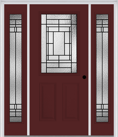 MMI 1/2 LITE 2 PANEL 6'8" FIBERGLASS SMOOTH PEMBROOK PATINA EXTERIOR PREHUNG DOOR WITH 2 FULL LITE PEMBROOK PATINA DECORATIVE GLASS SIDELIGHTS 684