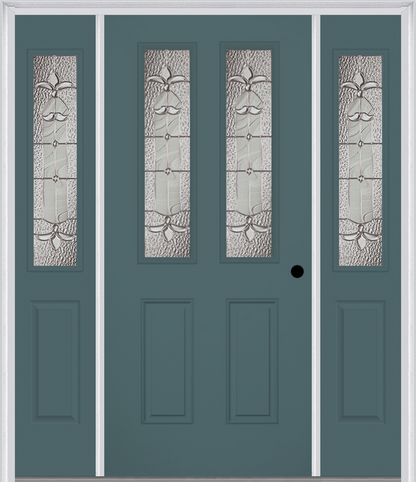 MMI 2-1/2 LITE 2 PANEL 6'8" FIBERGLASS SMOOTH EXPRESSIONS SATIN NICKEL EXTERIOR PREHUNG DOOR WITH 2 HALF LITE EXPRESSIONS SATIN NICKEL DECORATIVE GLASS SIDELIGHTS 692