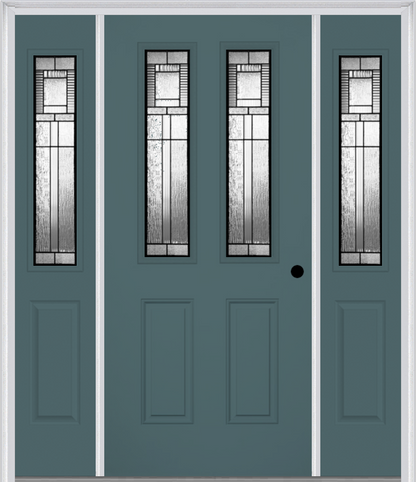 MMI 2-1/2 LITE 2 PANEL 6'8" FIBERGLASS SMOOTH ROYAL PATINA EXTERIOR PREHUNG DOOR WITH 2 HALF LITE ROYAL PATINA DECORATIVE GLASS SIDELIGHTS 692