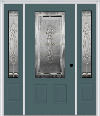 MMI 3/4 LITE 2 PANEL 6'8" FIBERGLASS SMOOTH BELAIRE ZINC EXTERIOR PREHUNG DOOR WITH 2 BELAIRE ZINC 3/4 LITE DECORATIVE GLASS SIDELIGHTS 607