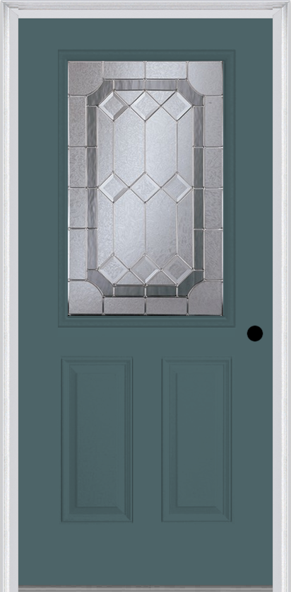 MMI 1/2 LITE 2 PANEL 6'8" FIBERGLASS SMOOTH MAJESTIC BRASS OR MAJESTIC NICKEL DECORATIVE GLASS EXTERIOR PREHUNG DOOR 684