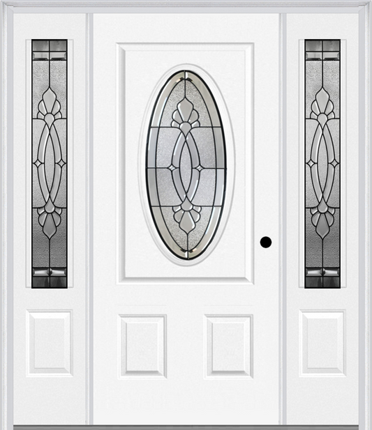 MMI SMALL OVAL 2 PANEL 6'8" FIBERGLASS SMOOTH BELAIRE PATINA EXTERIOR PREHUNG DOOR WITH 2 BELAIRE PATINA 3/4 LITE DECORATIVE GLASS SIDELIGHTS 949