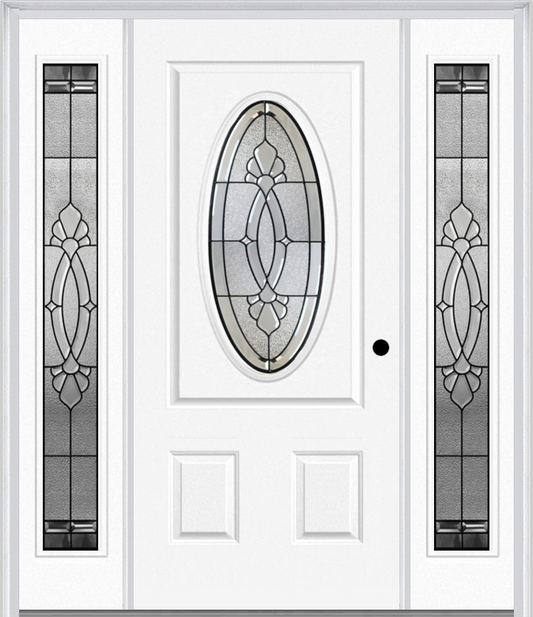 MMI SMALL OVAL 2 PANEL 6'8" FIBERGLASS SMOOTH BELAIRE PATINA EXTERIOR PREHUNG DOOR WITH 2 FULL LITE BELAIRE PATINA DECORATIVE GLASS SIDELIGHTS 949