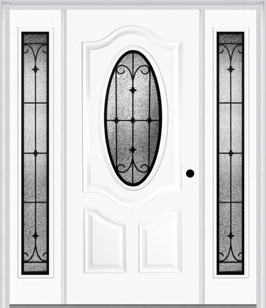 MMI SMALL OVAL 2 PANEL DELUXE 6'8" FIBERGLASS SMOOTH CHATEAU WROUGHT IRON EXTERIOR PREHUNG DOOR WITH 2 FULL LITE CHATEAU WROUGHT IRON DECORATIVE GLASS SIDELIGHTS 749