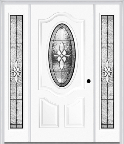 MMI SMALL OVAL 2 PANEL DELUXE 6'8" FIBERGLASS SMOOTH LUMIERE PATINA EXTERIOR PREHUNG DOOR WITH 2 FULL LITE LUMIERE PATINA DECORATIVE GLASS SIDELIGHTS 749