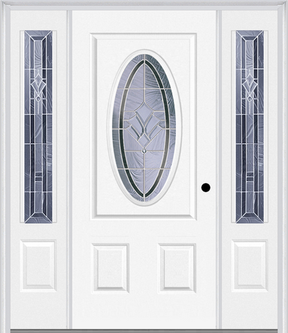 MMI SMALL OVAL 2 PANEL 6'8" FIBERGLASS SMOOTH RADIANT HUES NICKEL EXTERIOR PREHUNG DOOR WITH 2 RADIANT HUES NICKEL 3/4 LITE DECORATIVE GLASS SIDELIGHTS 949