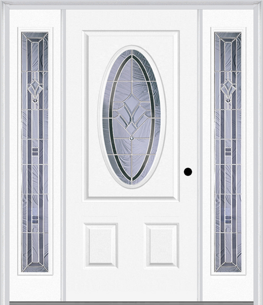 MMI SMALL OVAL 2 PANEL 6'8" FIBERGLASS SMOOTH RADIANT HUES NICKEL EXTERIOR PREHUNG DOOR WITH 2 FULL LITE RADIANT HUES NICKEL DECORATIVE GLASS SIDELIGHTS 949