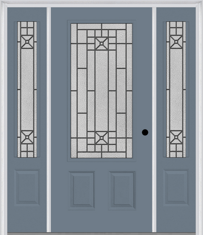 MMI 3/4 LITE 2 PANEL 6'8" FIBERGLASS SMOOTH COURTYARD NICKEL VEIN WROUGHT IRON EXTERIOR PREHUNG DOOR WITH 2 COURTYARD NICKEL VEIN WROUGHT IRON 3/4 LITE DECORATIVE GLASS SIDELIGHTS 607