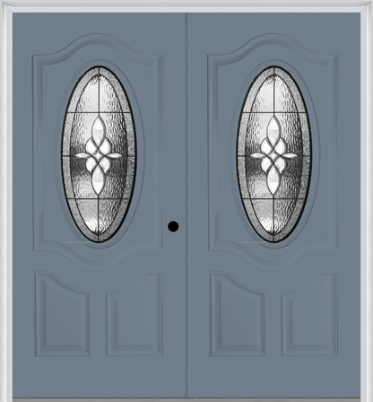 MMI TWIN/DOUBLE SMALL OVAL 2 PANEL DELUXE 6'8" FIBERGLASS SMOOTH LUMIERE PATINA DECORATIVE GLASS EXTERIOR PREHUNG DOOR 749