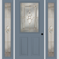 MMI 1/2 LITE 2 PANEL 6'8" FIBERGLASS SMOOTH NOUVEAU BRASS, NOUVEAU NICKEL, OR NOUVEAU PATINA EXTERIOR PREHUNG DOOR WITH 2 FULL LITE NOUVEAU BRASS/NICKEL/PATINA DECORATIVE GLASS SIDELIGHTS 684