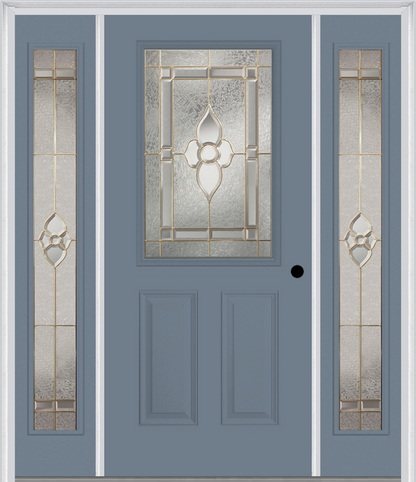 MMI 1/2 LITE 2 PANEL 6'8" FIBERGLASS SMOOTH NOUVEAU BRASS, NOUVEAU NICKEL, OR NOUVEAU PATINA EXTERIOR PREHUNG DOOR WITH 2 FULL LITE NOUVEAU BRASS/NICKEL/PATINA DECORATIVE GLASS SIDELIGHTS 684