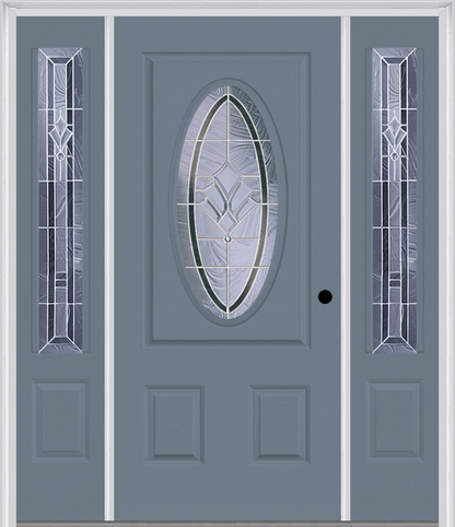 MMI SMALL OVAL 2 PANEL 6'8" FIBERGLASS SMOOTH RADIANT HUES NICKEL EXTERIOR PREHUNG DOOR WITH 2 RADIANT HUES NICKEL 3/4 LITE DECORATIVE GLASS SIDELIGHTS 949