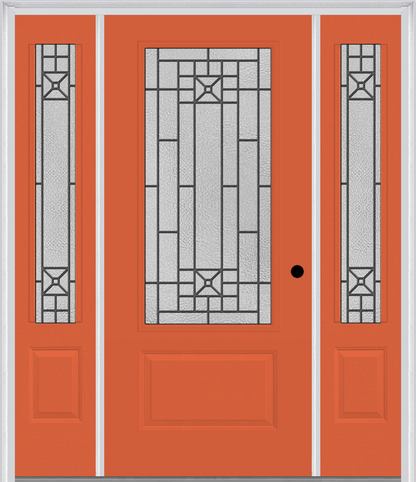 MMI 3/4 LITE 1 PANEL 6'8" FIBERGLASS SMOOTH COURTYARD NICKEL VEIN WROUGHT IRON EXTERIOR PREHUNG DOOR WITH 2 COURTYARD NICKEL VEIN WROUGHT IRON 3/4 LITE DECORATIVE GLASS SIDELIGHTS 608