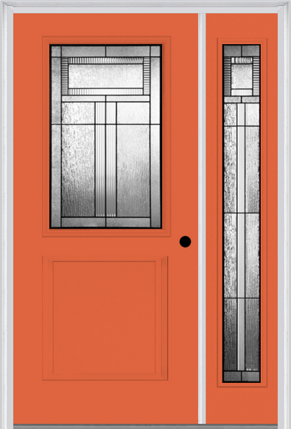 MMI 1/2 LITE 1 PANEL 6'8" FIBERGLASS SMOOTH ROYAL PATINA EXTERIOR PREHUNG DOOR WITH 1 FULL LITE ROYAL PATINA DECORATIVE GLASS SIDELIGHT 682