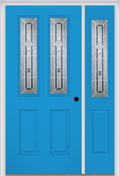 MMI 2-1/2 LITE 2 PANEL 6'8" FIBERGLASS SMOOTH RADIANT HUES NICKEL EXTERIOR PREHUNG DOOR WITH 1 HALF LITE RADIANT HUES NICKEL DECORATIVE GLASS SIDELIGHT 692