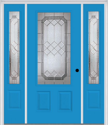 MMI 3/4 LITE 2 PANEL 6'8" FIBERGLASS SMOOTH MAJESTIC NICKEL EXTERIOR PREHUNG DOOR WITH 2 MAJESTIC NICKEL 3/4 LITE DECORATIVE GLASS SIDELIGHTS 607