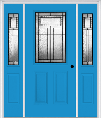 MMI 1/2 LITE 2 PANEL 6'8" FIBERGLASS SMOOTH ROYAL PATINA EXTERIOR PREHUNG DOOR WITH 2 HALF LITE ROYAL PATINA DECORATIVE GLASS SIDELIGHTS 684