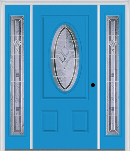 MMI SMALL OVAL 2 PANEL 6'8" FIBERGLASS SMOOTH RADIANT HUES NICKEL EXTERIOR PREHUNG DOOR WITH 2 FULL LITE RADIANT HUES NICKEL DECORATIVE GLASS SIDELIGHTS 949