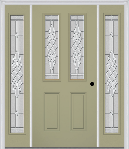 MMI 2-1/2 LITE 2 PANEL 6'8" FIBERGLASS SMOOTH GRACE NICKEL OR GRACE PATINA EXTERIOR PREHUNG DOOR WITH 2 FULL LITE GRACE NICKEL/PATINA DECORATIVE GLASS SIDELIGHTS 692