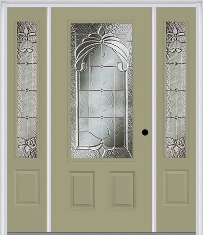 MMI 3/4 LITE 2 PANEL 6'8" FIBERGLASS SMOOTH EXPRESSIONS SATIN NICKEL EXTERIOR PREHUNG DOOR WITH 2 EXPRESSIONS SATIN NICKEL 3/4 LITE DECORATIVE GLASS SIDELIGHTS 607