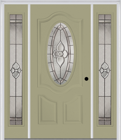 MMI SMALL OVAL 2 PANEL DELUXE 6'8" FIBERGLASS SMOOTH NOUVEAU BRASS, NOUVEAU NICKEL, OR NOUVEAU PATINA EXTERIOR PREHUNG DOOR WITH 2 FULL LITE NOUVEAU BRASS/NICKEL/PATINA DECORATIVE GLASS SIDELIGHTS 749