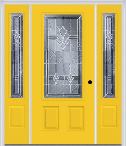 MMI 3/4 LITE 2 PANEL 6'8" FIBERGLASS SMOOTH RADIANT HUES NICKEL EXTERIOR PREHUNG DOOR WITH 2 RADIANT HUES NICKEL 3/4 LITE DECORATIVE GLASS SIDELIGHTS 607