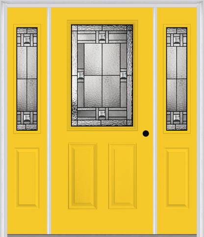 MMI 1/2 LITE 2 PANEL 6'8" FIBERGLASS SMOOTH NOBLE PATINA EXTERIOR PREHUNG DOOR WITH 2 HALF LITE NOBLE PATINA DECORATIVE GLASS SIDELIGHTS 684