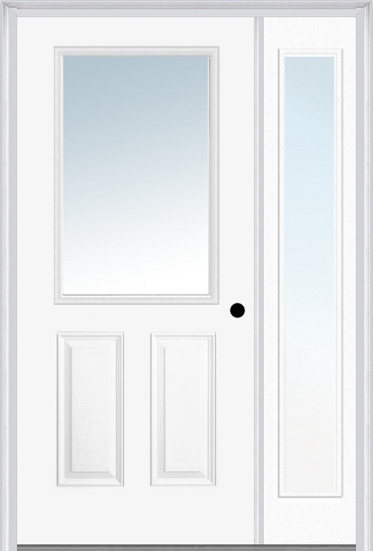 MMI 1/2 LITE 2 PANEL 3'0" X 6'8" FIBERGLASS SMOOTH EXTERIOR PREHUNG DOOR WITH 1 FULL LITE CLEAR GLASS SIDELIGHT 122