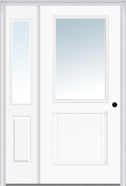 MMI 1/2 LITE 1 PANEL 3'0" X 6'8" FIBERGLASS SMOOTH EXTERIOR PREHUNG DOOR WITH 1 HALF LITE CLEAR GLASS SIDELIGHT 682
