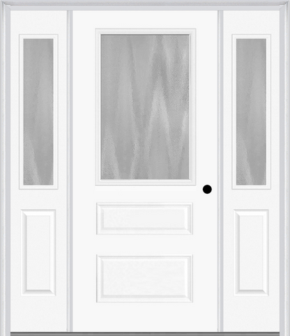 MMI 1/2 LITE HORIZONTAL 2 PANEL 3'0" X 6'8" FIBERGLASS SMOOTH TEXTURED/PRIVACY GLASS EXTERIOR PREHUNG DOOR WITH 2 HALF LITE TEXTURED/PRIVACY GLASS SIDELIGHTS 631