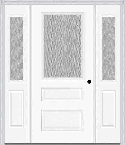 MMI 1/2 LITE HORIZONTAL 2 PANEL 3'0" X 6'8" FIBERGLASS SMOOTH TEXTURED/PRIVACY GLASS EXTERIOR PREHUNG DOOR WITH 2 HALF LITE TEXTURED/PRIVACY GLASS SIDELIGHTS 631