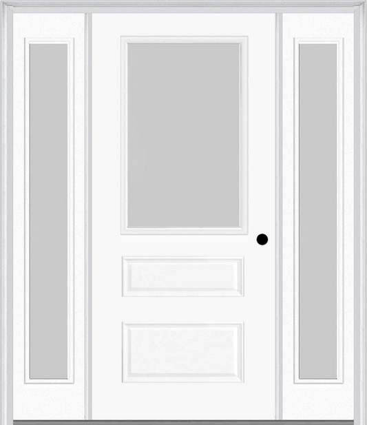 MMI 1/2 LITE HORIZONTAL 2 PANEL 3'0" X 6'8" FIBERGLASS SMOOTH TEXTURED/PRIVACY GLASS EXTERIOR PREHUNG DOOR WITH 2 FULL LITE TEXTURED/PRIVACY GLASS SIDELIGHTS 631