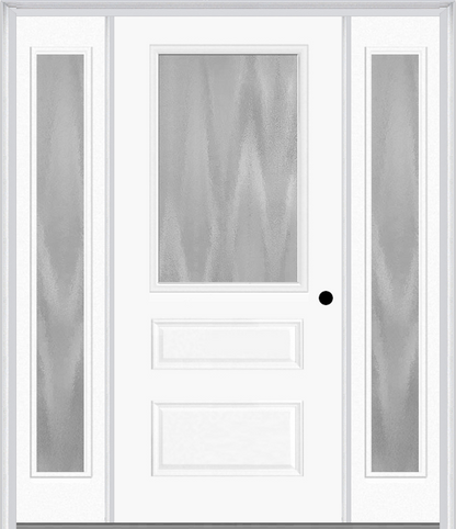 MMI 1/2 LITE HORIZONTAL 2 PANEL 3'0" X 6'8" FIBERGLASS SMOOTH TEXTURED/PRIVACY GLASS EXTERIOR PREHUNG DOOR WITH 2 FULL LITE TEXTURED/PRIVACY GLASS SIDELIGHTS 631