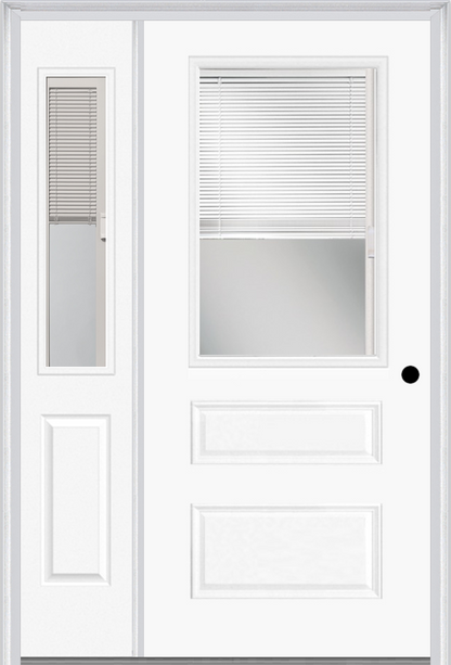 MMI 1/2 LITE HORIZONTAL 2 PANEL RAISE/LOWER BLINDS 3'0" X 6'8" FIBERGLASS SMOOTH CLEAR GLASS EXTERIOR PREHUNG DOOR WITH 1 HALF LITE RAISE/LOWER BLINDS CLEAR GLASS SIDELIGHT 631 RLB 692 RLB